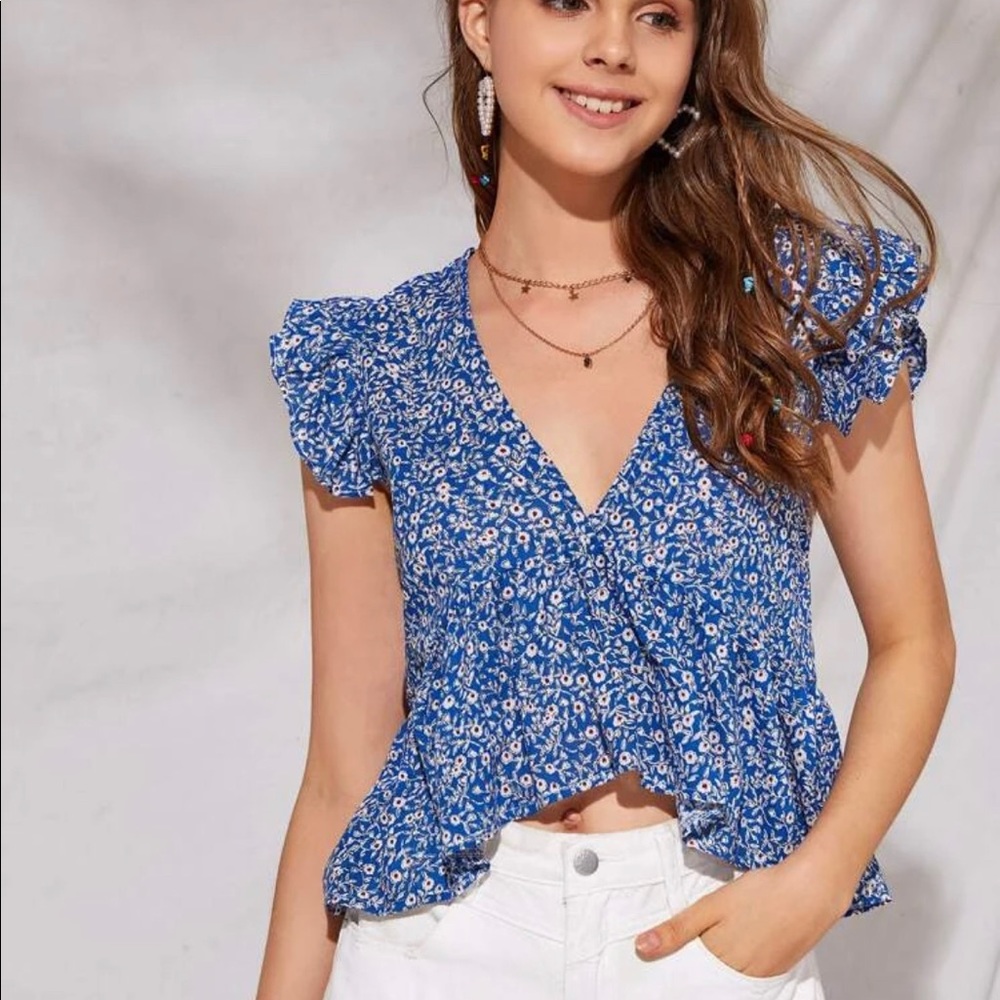 Ditsy flower ruffle hem crop top (L)
